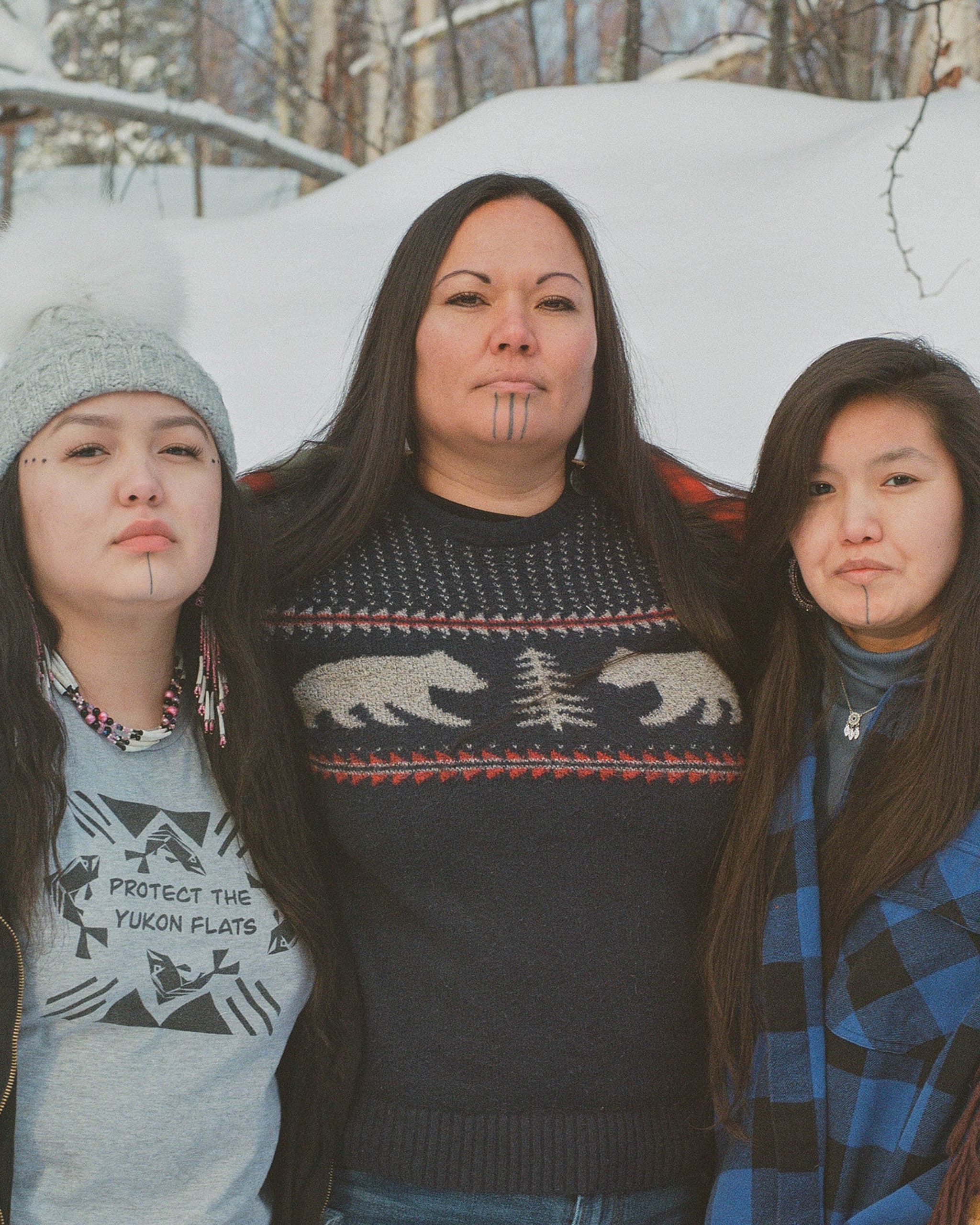 Jody Potts-Joseph with her nieces, Jaelynn Pitka and Lorena in Village-Center-Simon in Fairbanks with traditional tattoos