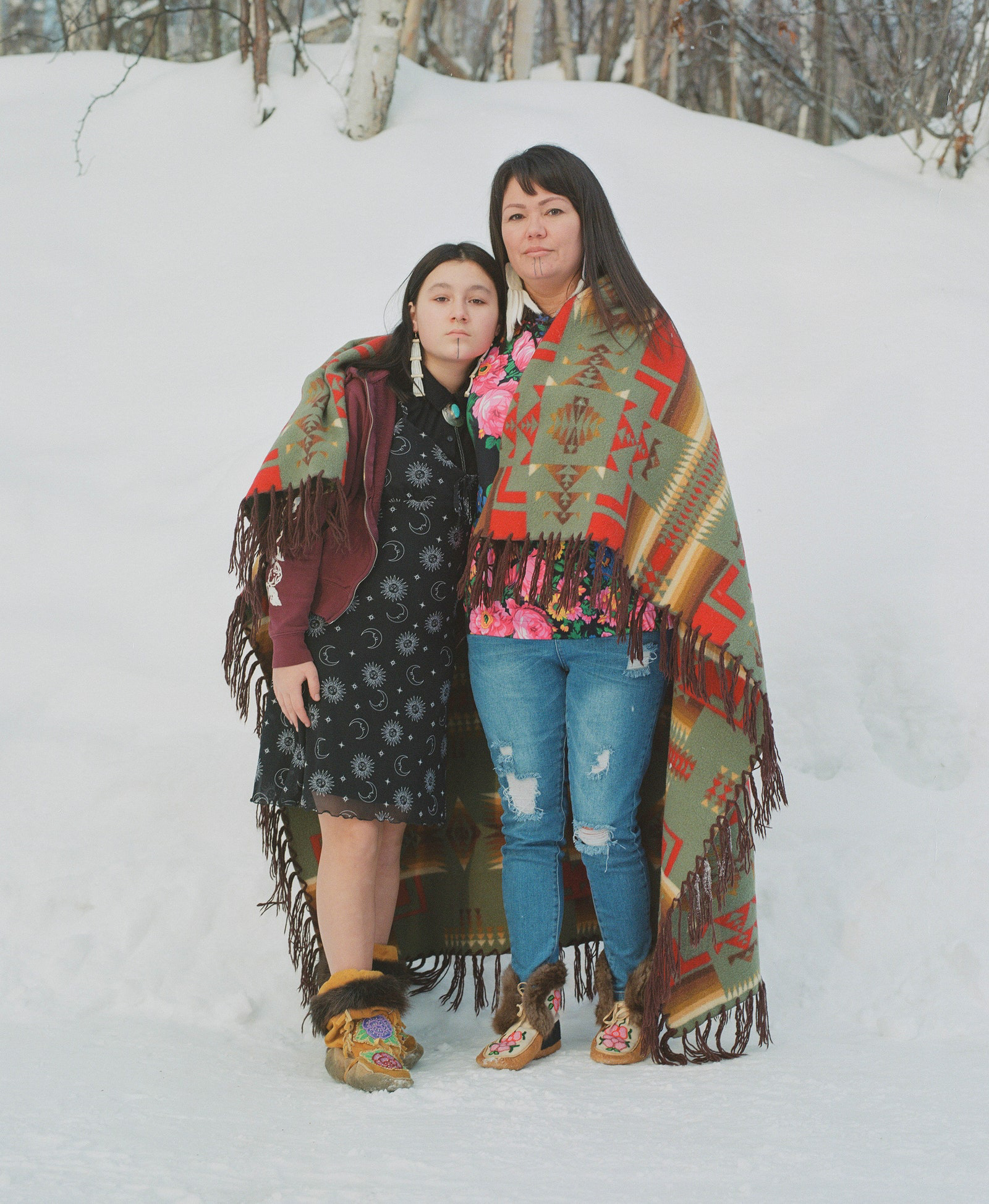Lonnie Buresch, 39, and her 12-year-old daughter, Roxy, Denyeet Hutaana & Hän Gwich’in, Stevens Village with traditional tattoos
