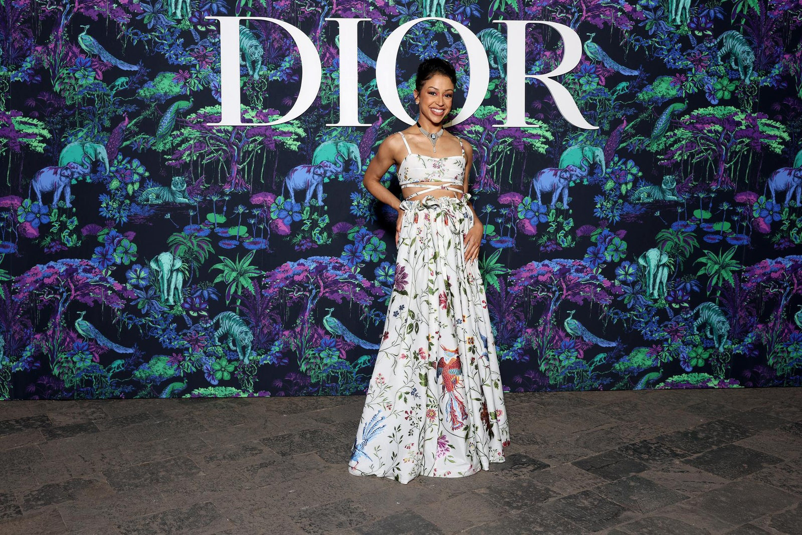 Dior Fall/Winter 2023 Show In Mumbai Liza Koshy wore a Dior Spring-Summer 2023 white printed cotton top and skirt