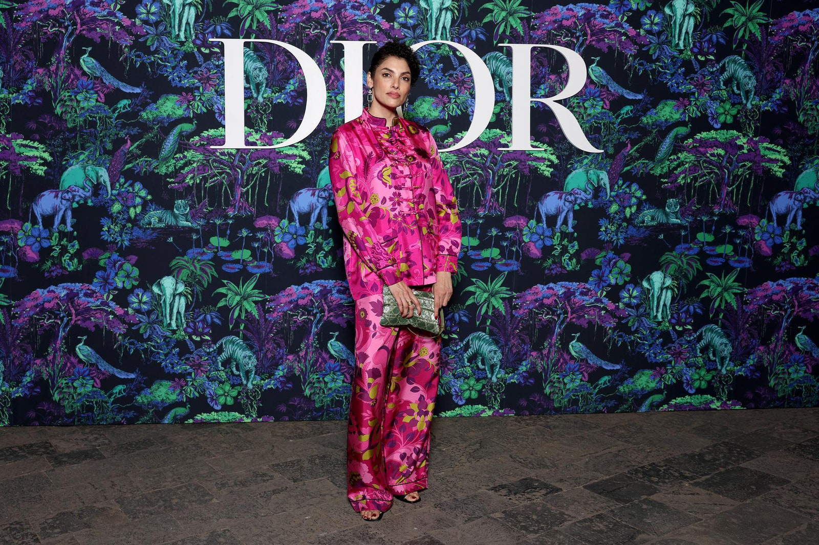 Dior Fall/Winter 2023 Show In Mumbai Indrani Dasgupta Paul wore a Dior Pre Fall 2023 printed silk satin shirt and pants.