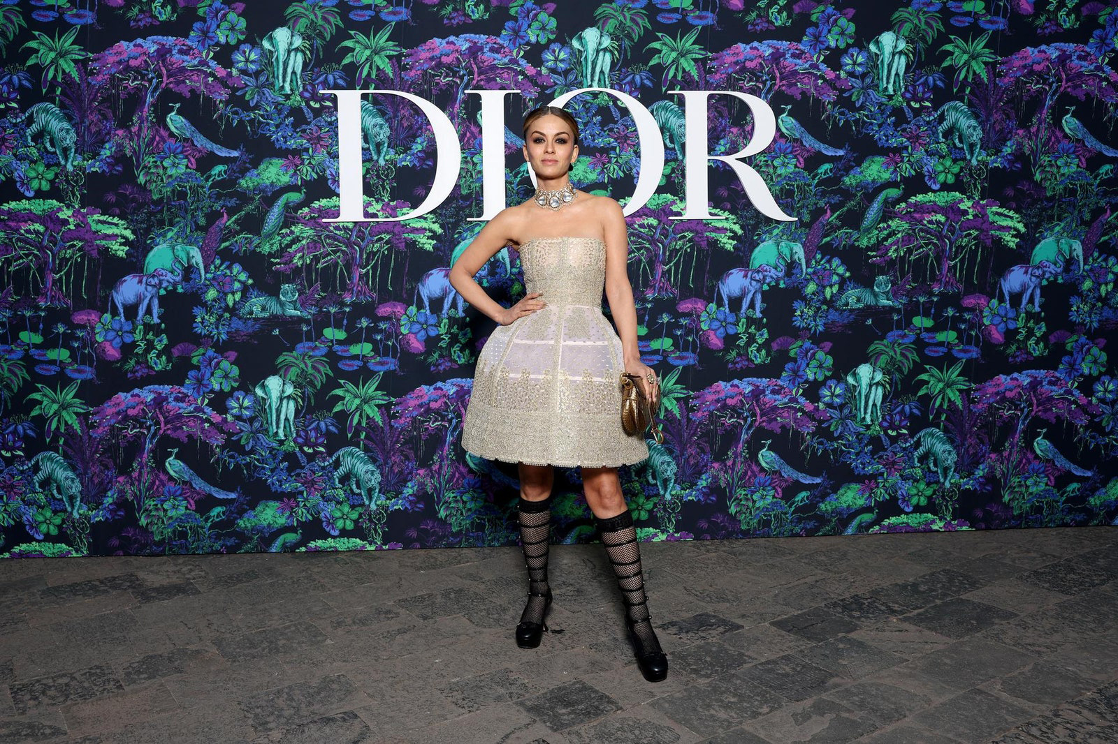 Dior Fall/Winter 2023 Show In Mumbai Natasha Poonawalla wore a Dior Spring-Summer 2023 beige tulle dress with a Dior bag and shoes.