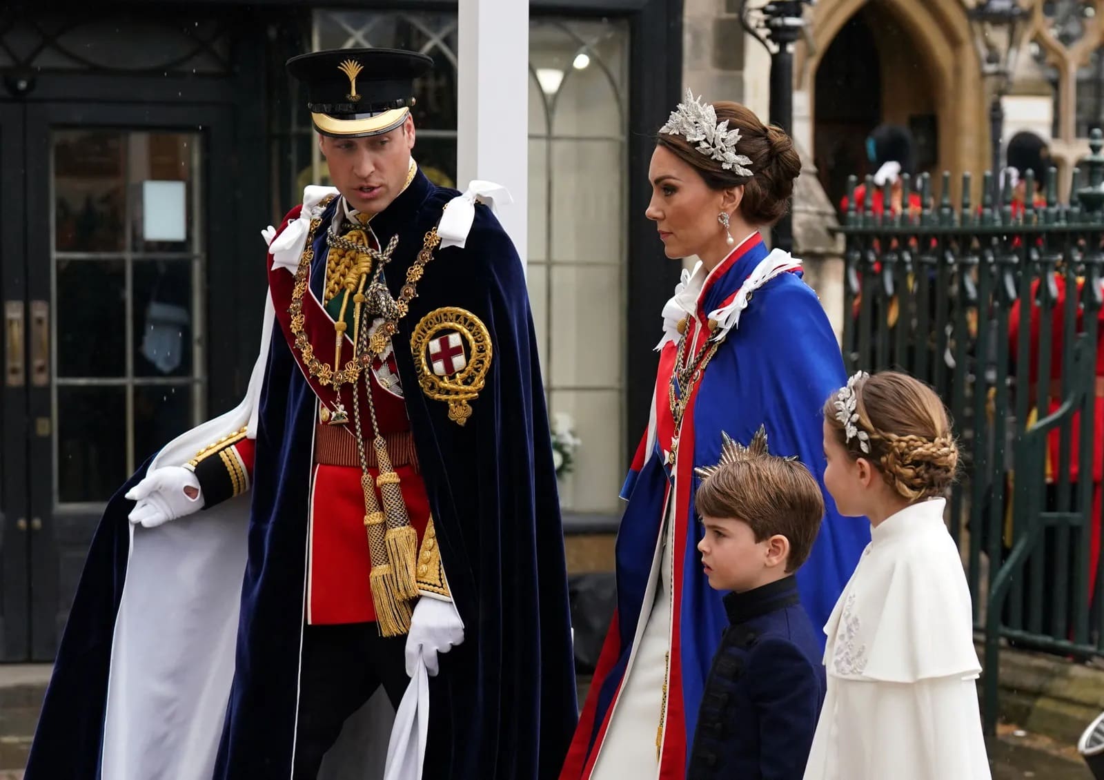 Prince William, the Princess of Wales, Princess Charlotte of Wales and Prince Louis of Wales arrive at Westminster Abbey in central London on May 6, 2023. ANDREW MILLIGAN/Getty Images