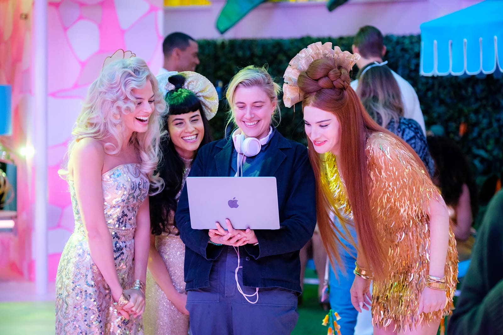 MARGOT ROBBIE, ANA CRUZ KAYNE, Director GRETA GERWIG and HARI NEF on the set of Warner Bros. Pictures’ “BARBIE,” a Warner Bros.