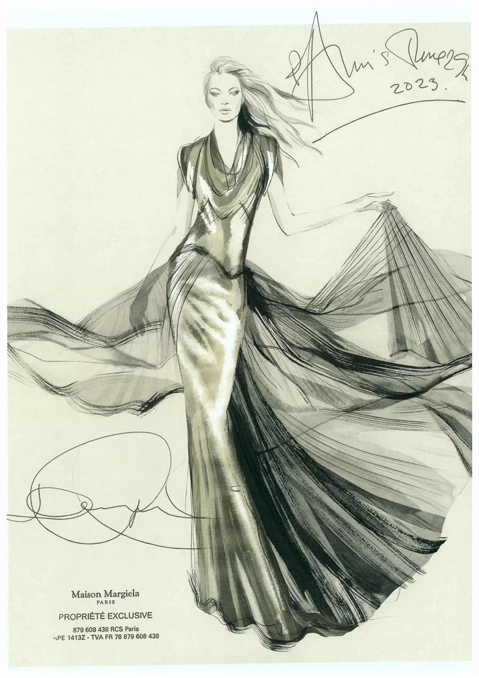A sketch of Kate Moss’s custom John Galliano dress for Vogue World: London, made from ’30s lamé and tulle. Courtesy of Maison Margiela