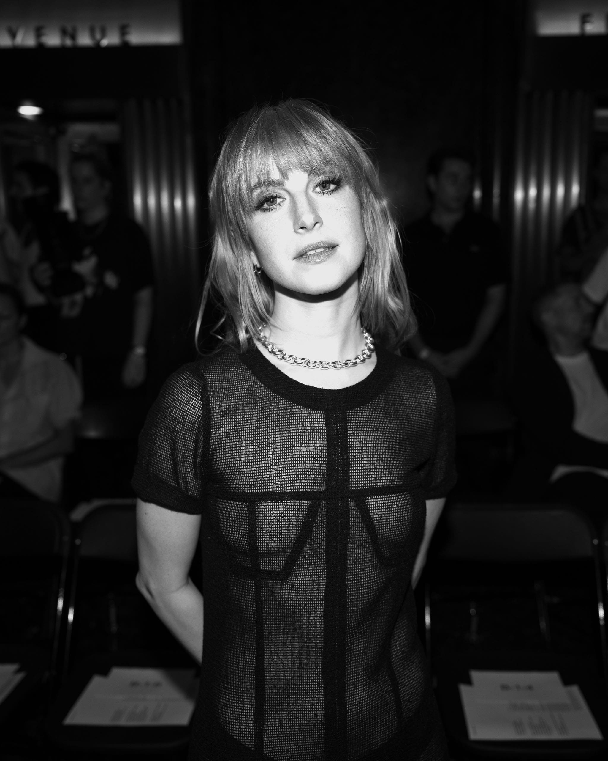 Black and white photo of Hayley Williams at Eckhaus Latta Spring 2024 at New York Fashion Week.