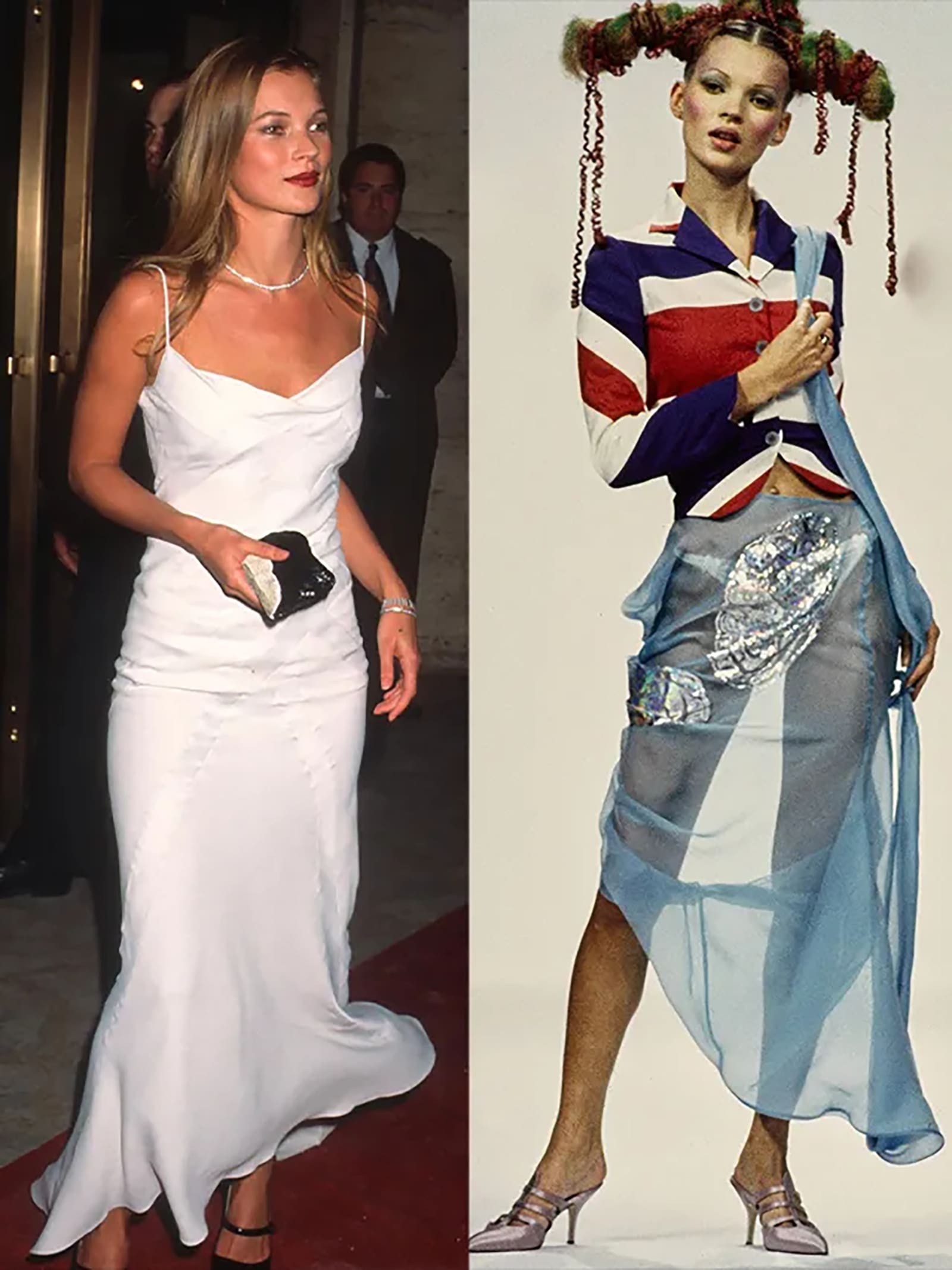 Kate Moss wearing a John Galliano slip dress to the CFDA Awards in 1995 (left) and a Union Jack jacket by the designer for his spring/summer 1993 show (right)