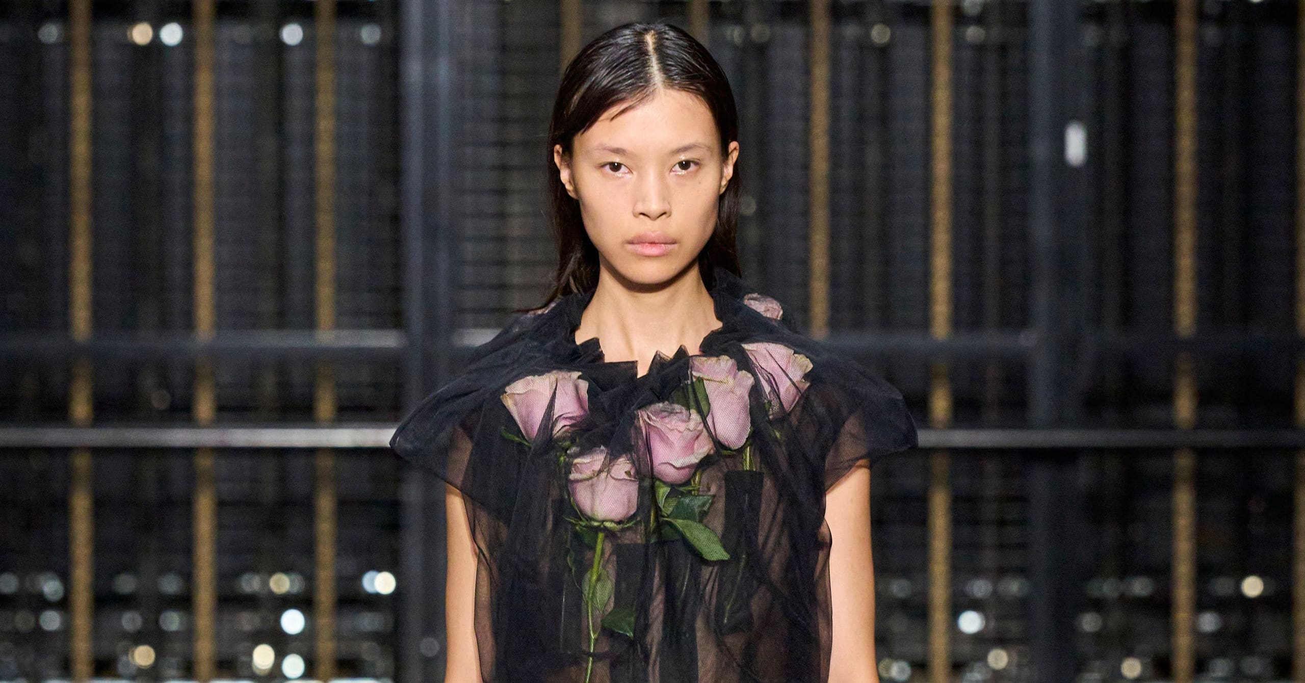 Black dress with roses by Simone Rocha. Black floral dress.