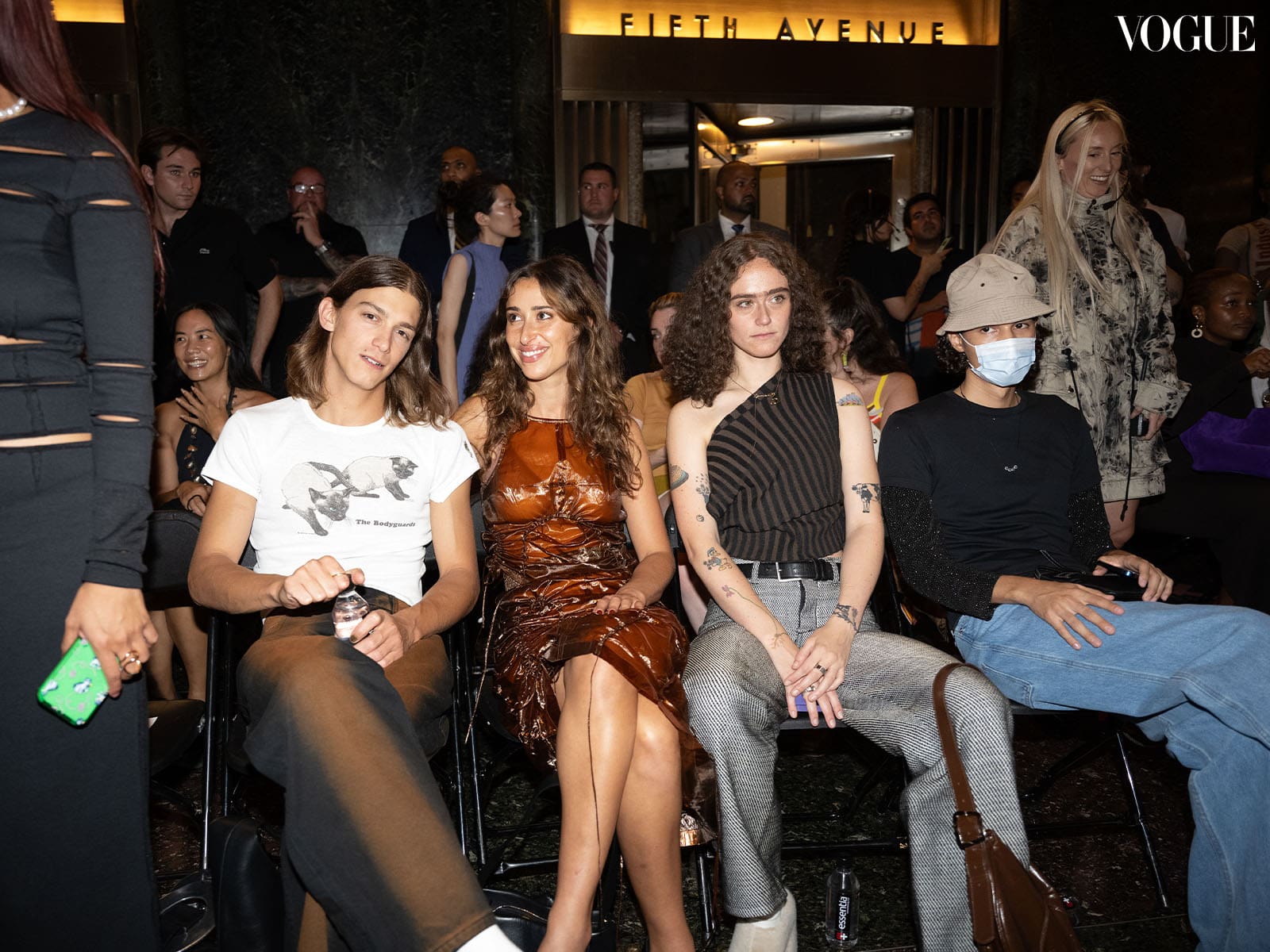 Pierce Abernathy, Chloe Wise, and Ella Emhoff at Eckhaus Latta Spring 2024 at New York Fashion Week.