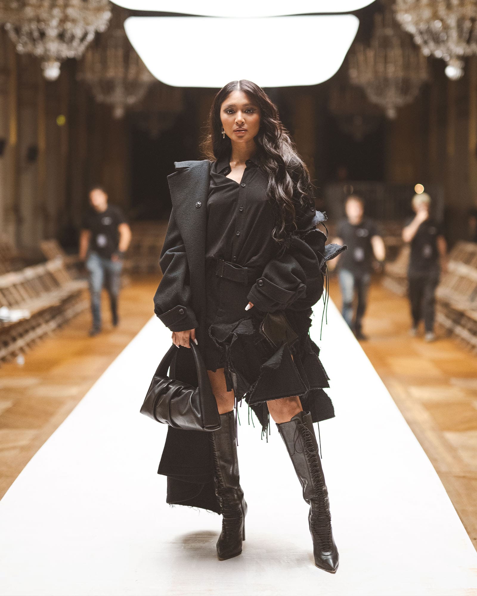 Nadine Lustre wears an all-black Yohji Yamamoto ensemble.