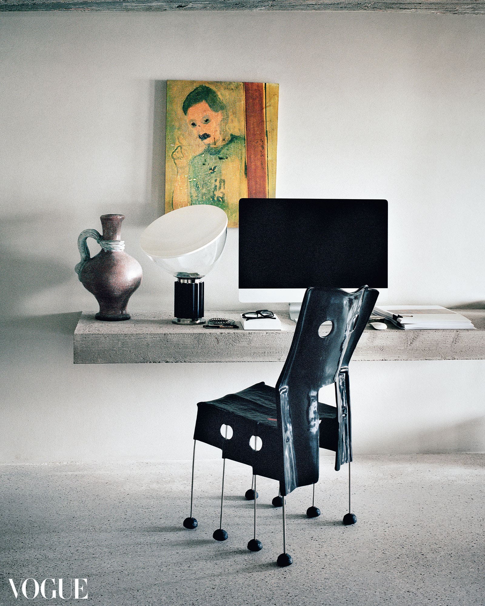 A Georges Jouve vase, Castiglioni lamp, Tim Bruer painting, and Gaetano Pesce chair.