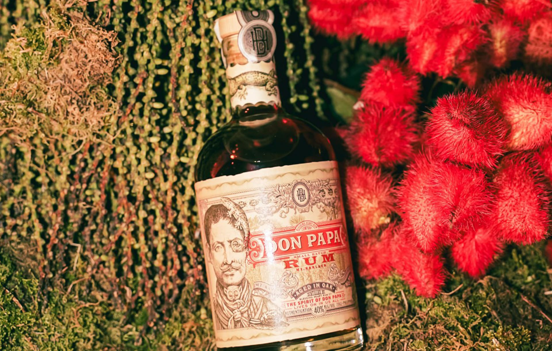 A bottle of Don Papa Rum against the foliage of Sugarlandia