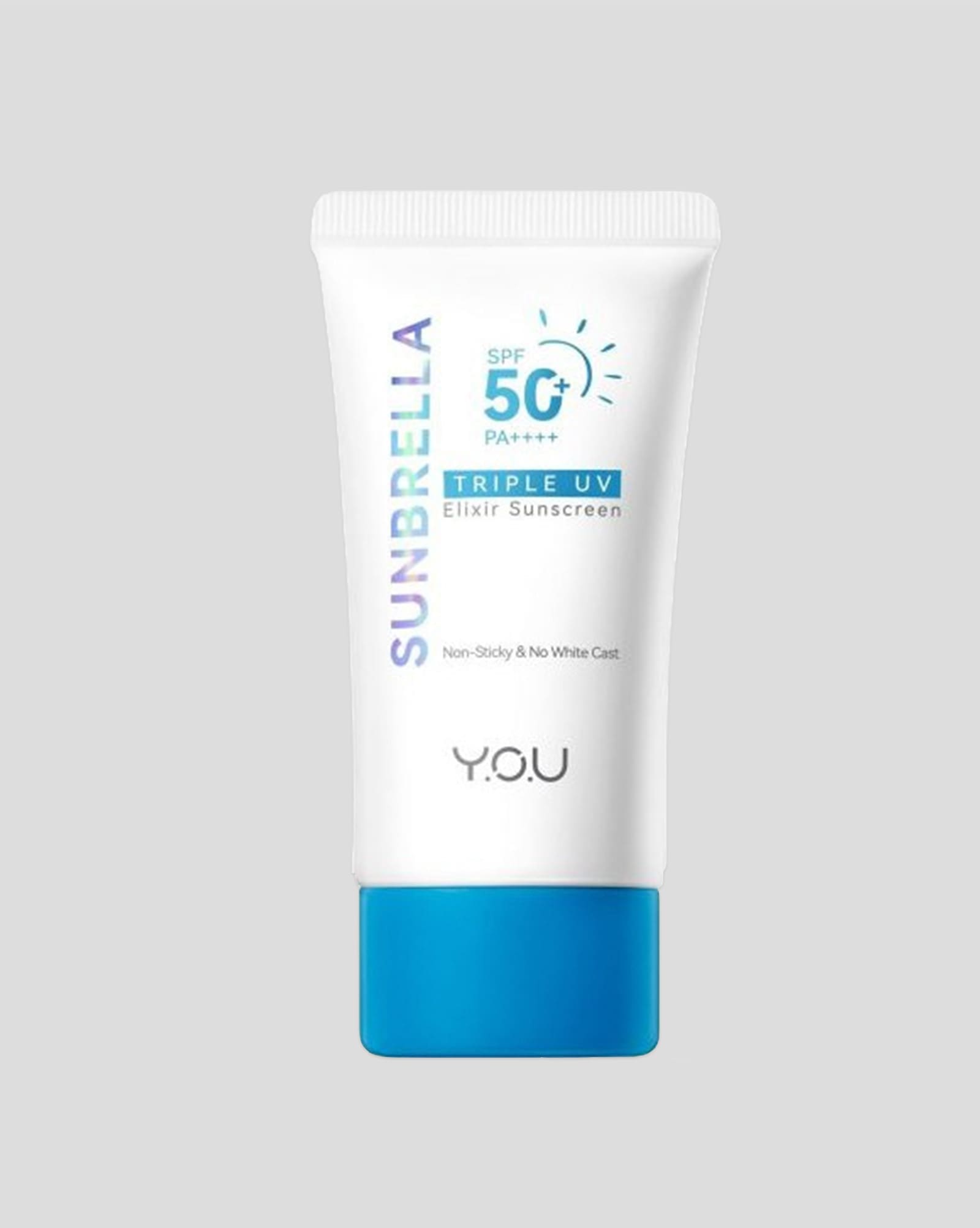 A tube of YOU Beauty Sunbrella Triple UV Elixir Sunscreen
