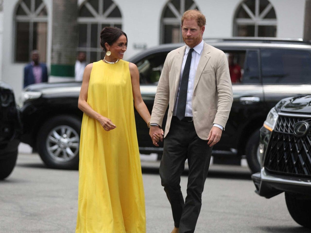 The Duchess of Sussex in Carolina Herrera at the the State Governor House in Lagos. Photo: Kola Sulaimon/Getty Images