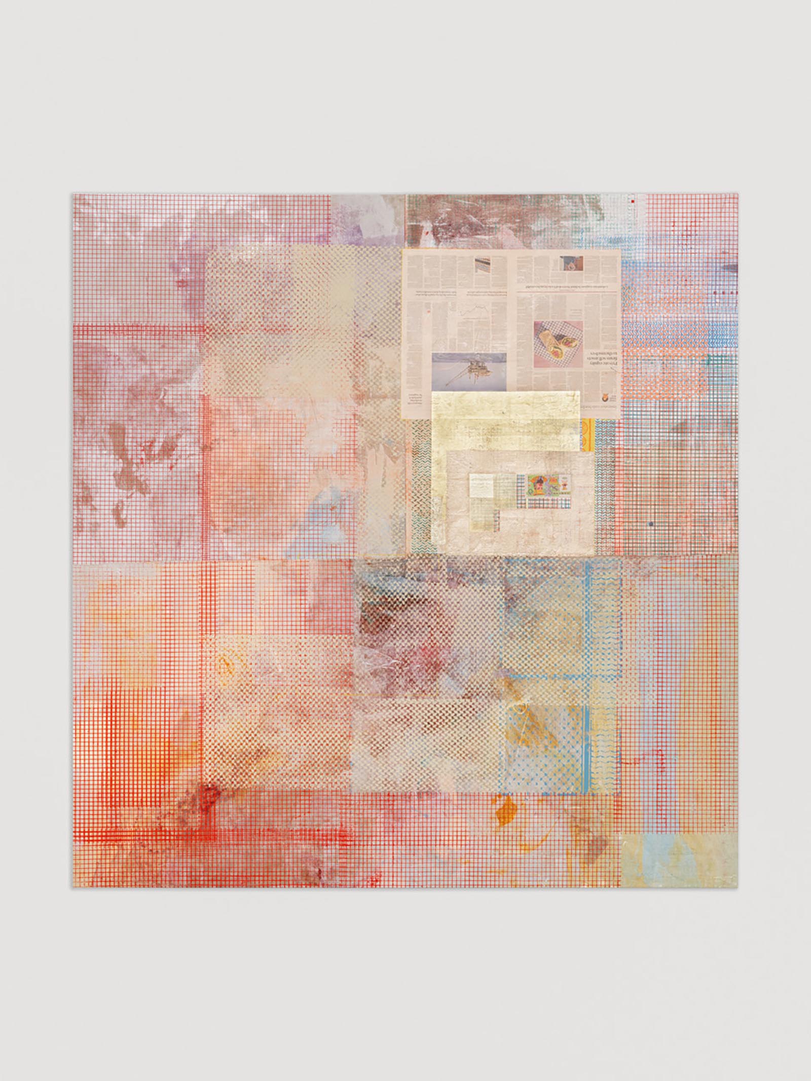 Artwork entitled “Burning Square (Crimson)” (2024) by Mandy El-Sayegh, oil and acrylic on canvas with collaged and silkscreened elements, joss paper and gold leaf