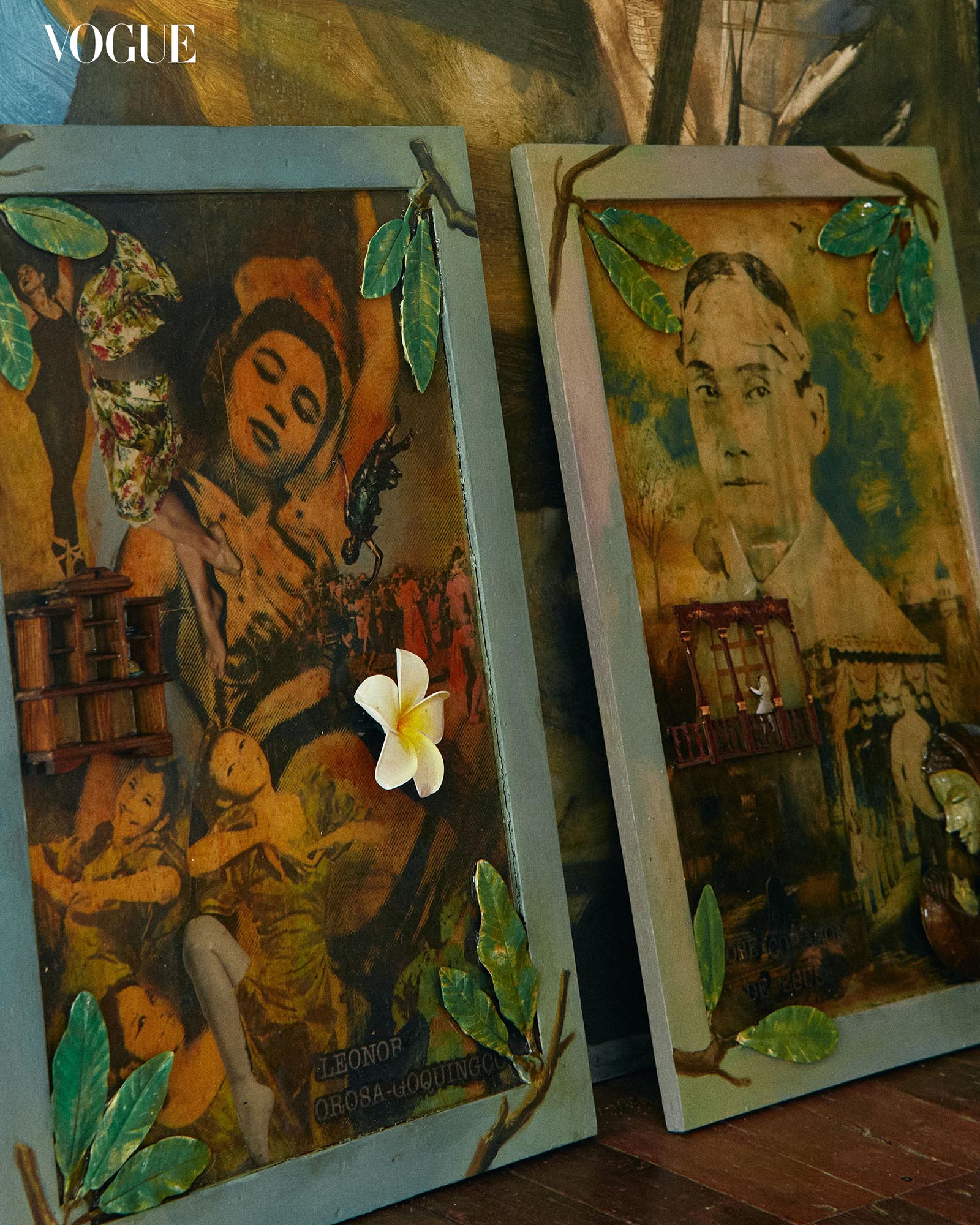 Two close up images of framed mixed media artworks, on the left, a photograph of Leonor Orosa-Goquingco, on the right, Francisco Balagtas.