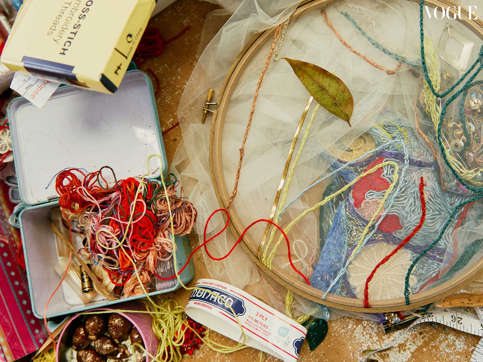 Closeup of embroidery materials.